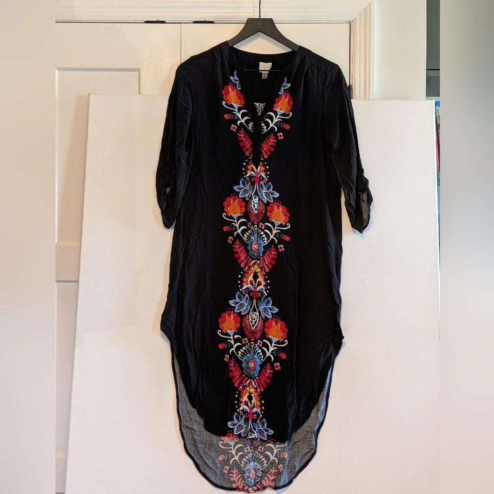 Cupio Black Printed High Low Tunic Dress Small Boho Caftan Shift Floral Vacation